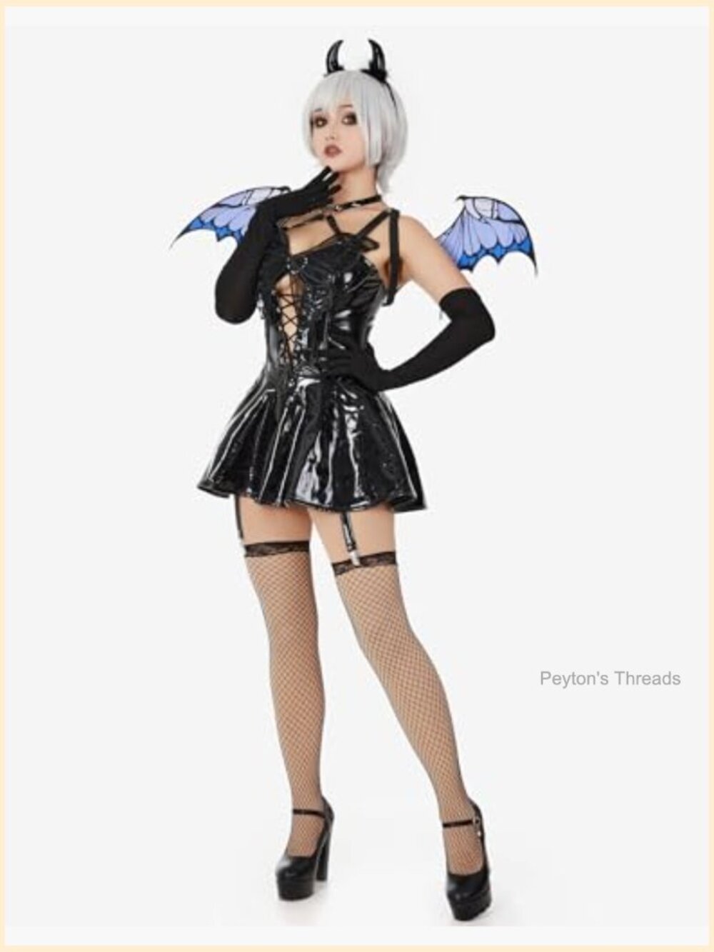 PU Leather Lingerie Set With Wings Stockings Gloves - Picture 3 of 7
